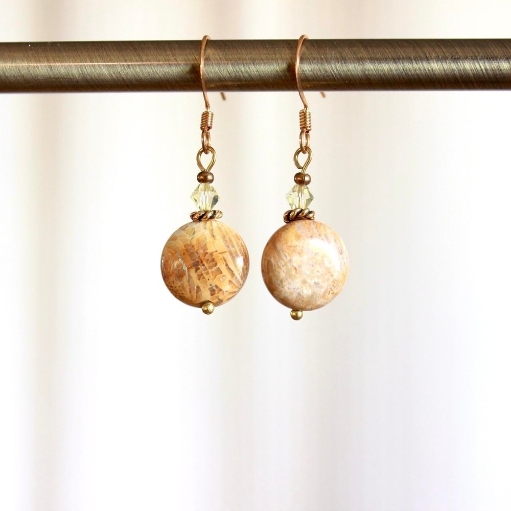 Handmade Fossil Coral Gemstone Dangle Drop Beaded Earrings Boho Cottagecore